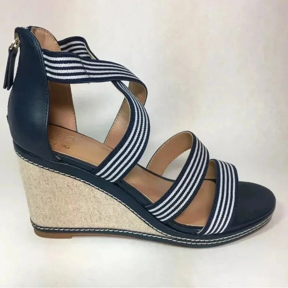 Crown & Ivy Womens Elise Sandals Blue Stripe Ankle Strap Wedge 8.5m - Picture 1 of 7